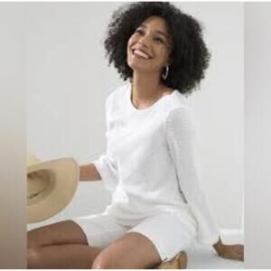 CHICO’S Women’s Textured Pullover Sweater With Fringe in White-Size 1|Medium